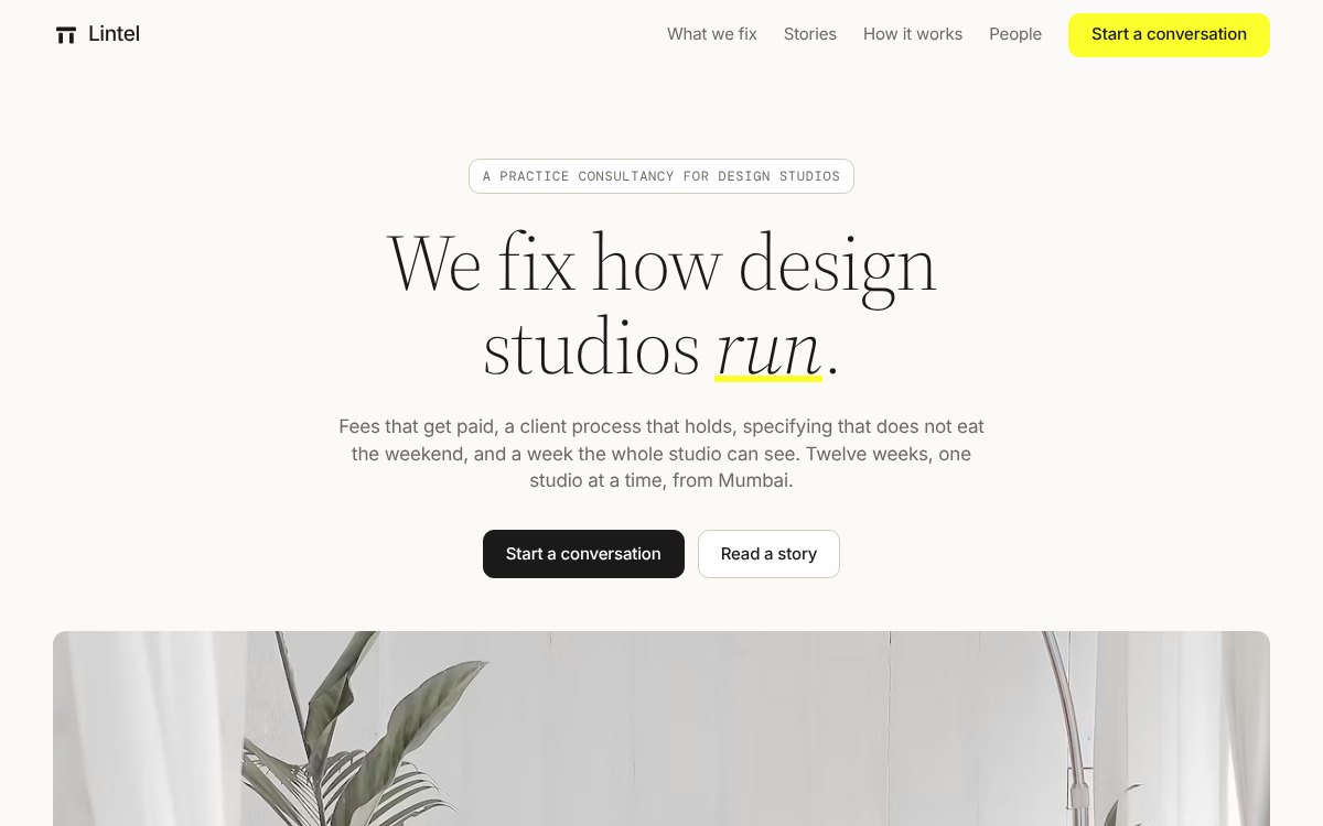 Lintel consultancy website template with spacious serif typography and a yellow accent