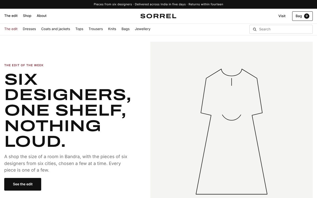 Sorrel boutique website template with bold black typography and a minimal clothing illustration